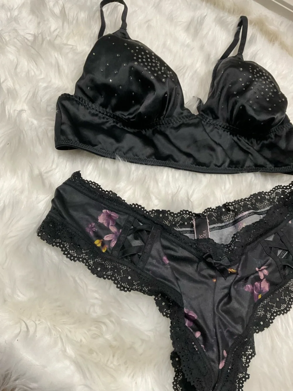 Very Sexy Victorias Secret Black  Satin Bralette and Lace Set